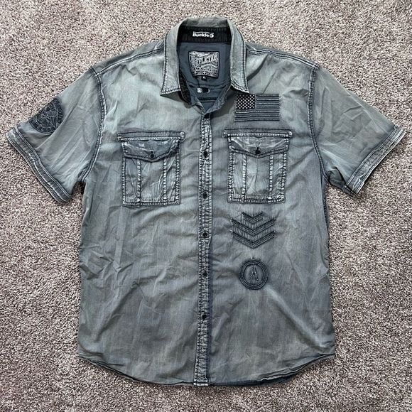 Affliction Black Premium Eagle Wing Button Stretch Shirt Mens Size XL Graphite - Picture 1 of 9